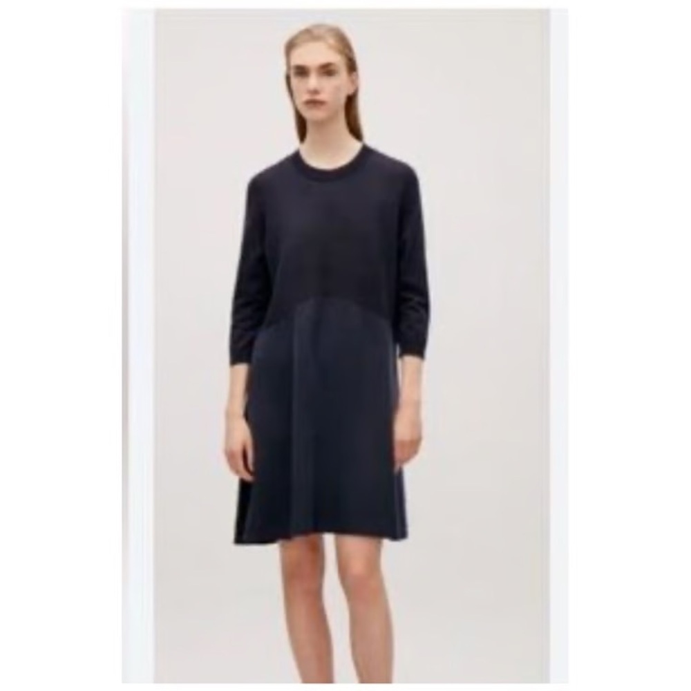 COS Navy Lyocell Satin Layered Shift Dress